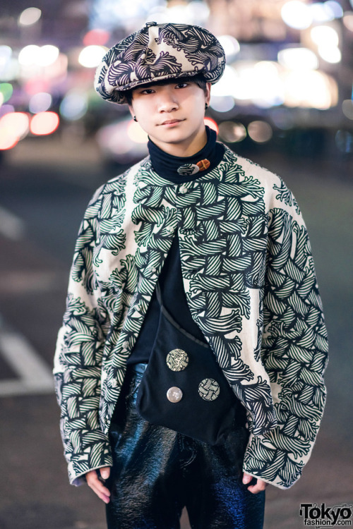 17-year-old Japanese student Daiki on the street in Harajuku wearing a rope  print jacket and rope pr