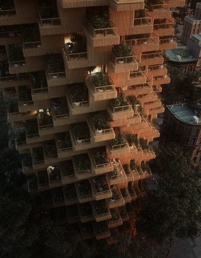 archatlas:<br /><br />Penda proposes Toronto Tree Tower built from cross-laminated timber modules<br /><br /><br />Plants and trees sprout from the modular units that make up this timber-framed high-rise, proposed by architecture firm Penda for Toronto. Penda, which has offices in China and Austria, collaborated with Canadian company Tmber for the Toronto Tree Tower project. They propose an 18-storey residential block that would stand 62 metres tall, with a modular structure made from cross-laminated timber (CLT).<br />Wood would also clad the building’s staggered walls, and trees would grow from the homes’ generous balconies. “Our cities are a assembly of steel, concrete and glass,” said Penda partner Chris Precht. “If you walk through the city and suddenly see a tower made of wood and plants, it will create an interesting contrast. The warm, natural appearance of wood and the plants growing on its facade bring the building to life and that could be a model for environmental friendly developments and sustainable extensions of our urban landscape,” he added.<br />