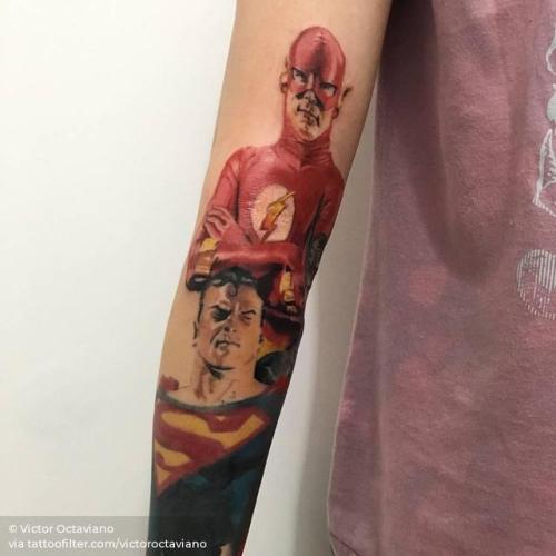 By Victor Octaviano, done at Puros Cabrones Tattoo, Santo André.... film and book;fictional character;dc comics;arm;big;superman character;flash;half sleeve;superman;watercolor;facebook;twitter;dc comics character;victoroctaviano