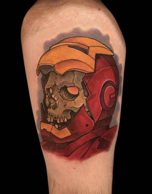 By Clutch, done at Fable Tattoo Gallery, Richmond.... clutch;anatomy;patriotic;fictional character;the avengers;human skull;united states of america;facebook;marvel;twitter;iron man;medium size;marvel character;neotraditional;upper arm;film and book;skull