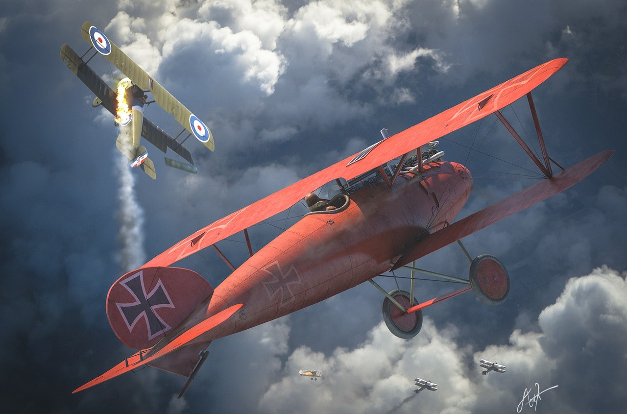 Sopwith Camel, attacked by a fighter Albatros DV “red Baron” Manfred von richtofen, 1917.