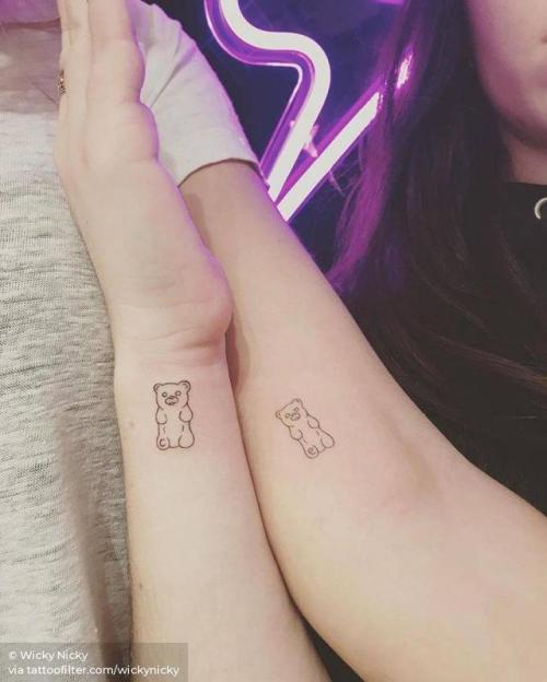 By Wicky Nicky, done at West 4 Tattoo, Manhattan.... best friend;matching tattoos for best friends;matching;micro;line art;inner arm;wickynicky;food;love;facebook;gummy bear;candy;wrist;twitter;fine line