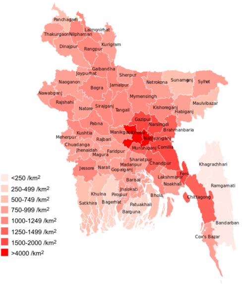 Population density of Bangladesh by district. Maps on the Web
