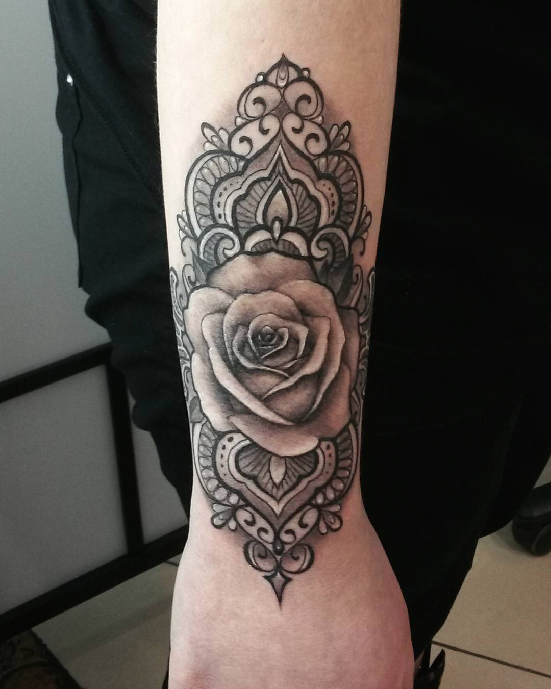 Black Gold Tattoo Co. — Rose with Mandala Tattoo by Sasha Roussel at