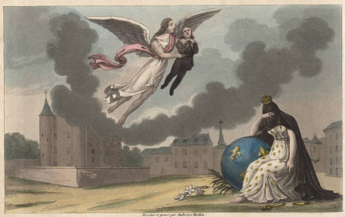 tiny-librarian:
“An engraving depicting the death of Louis XVII. He’s being taken to heaven from the Temple Prison by an angel, while and veiled figure representing France weeps in the corner, surrounded by symbols of the Bourbon Monarchy.
”