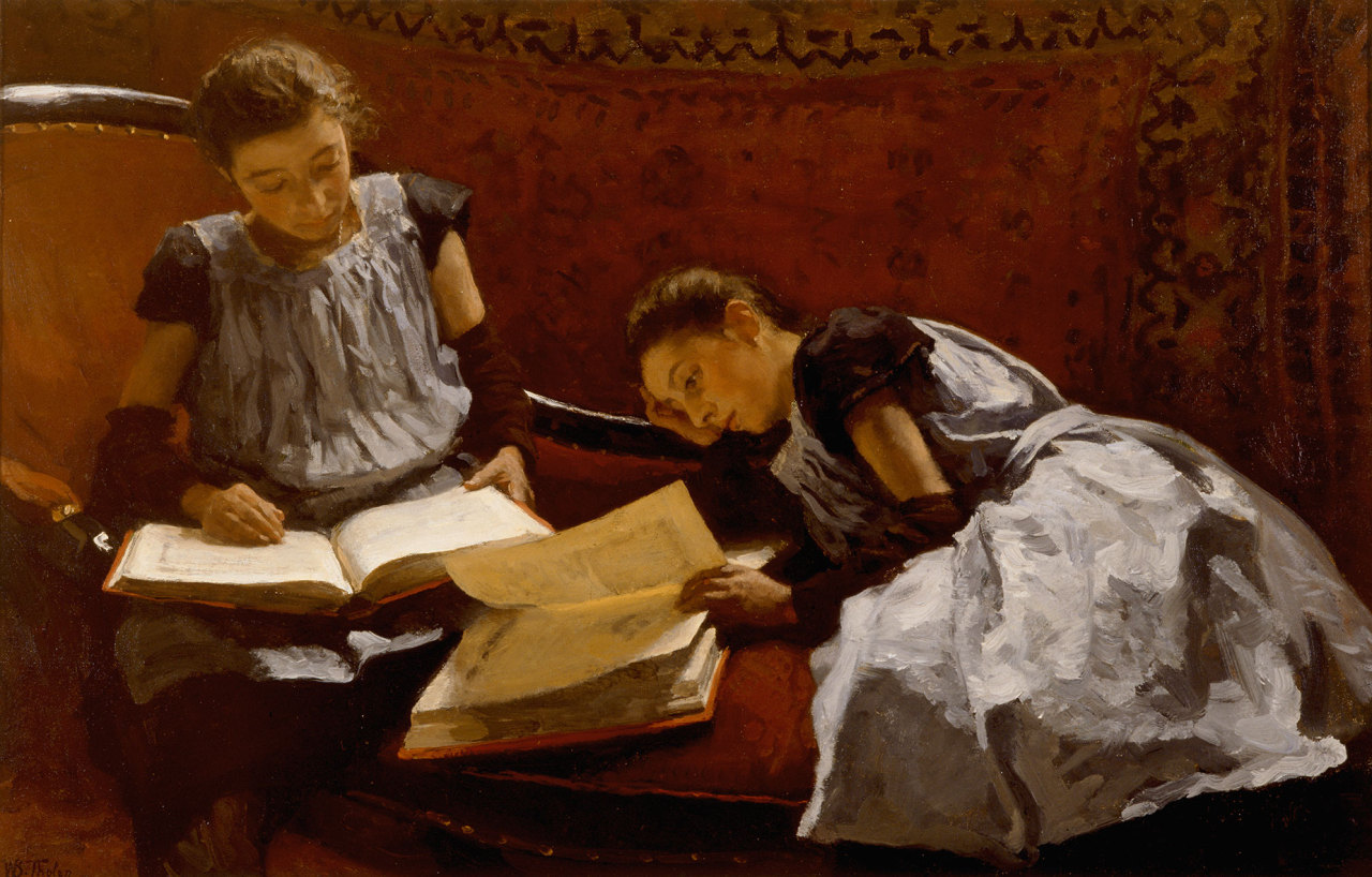 The Sisters Arntzenius (1895). Willem Bastiaan Tholen (Dutch, 1860-1931). Oil on canvas. Museum Gouda.
Tholen depicts both Dora (left) and Elisabeth (right) while they are engrossed in reading, seated on a chaise lounge. Tholen drew and painted the...