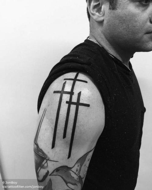 By JonBoy, done at Bang Bang Tattoo, Manhattan.... jonboy;christian;calvary;facebook;blackwork;twitter;shoulder;christian cross;medium size;religious