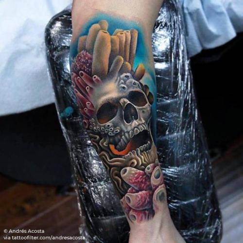 By Andrés Acosta, done in Austin. http://ttoo.co/p/31989 coral;surrealist;skull;anatomy;andresacosta;human skull;big;animal;facebook;realistic;forearm;twitter