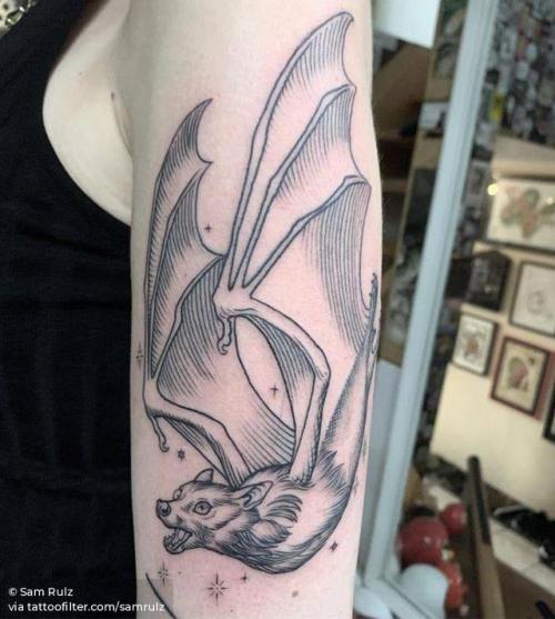 By Sam Rulz, done at Vienna Electric Tattoo, Vienna.... big;animal;bat;samrulz;facebook;blackwork;twitter;engraving;illustrative;upper arm