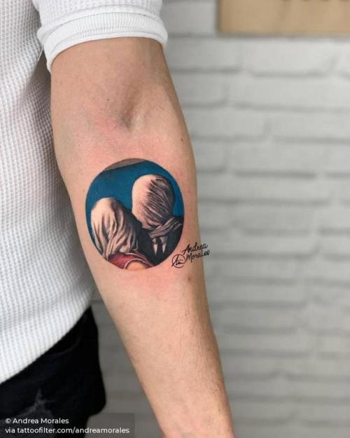 By Andrea Morales, done at 958 Tattoo, Granada.... art;geometric shape;small;andreamorales;circle;the lovers;contemporary;tiny;belgium;rene magritte;ifttt;little;location;inner forearm;europe;patriotic