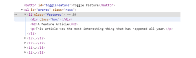 DevTools with the list item of the featured item expanded to see the elements inside