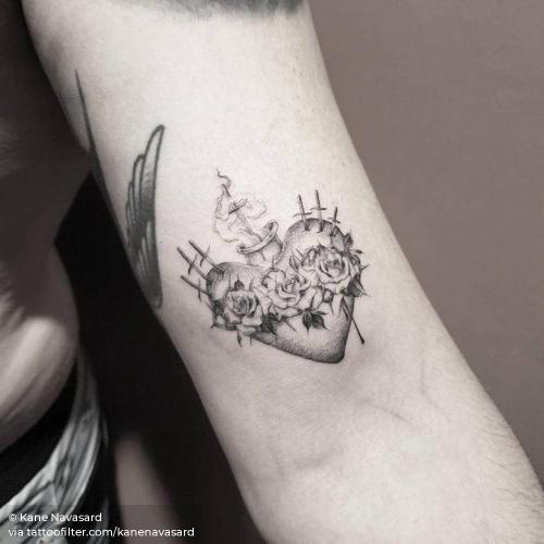By Kane Navasard, done in Albuquerque. http://ttoo.co/p/35195 bicep;facebook;freehand;heart;kanenavasard;love;sacred heart;single needle;small;twitter