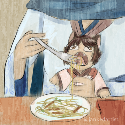 jankedartist:A rare painting of Sanma feeding Bonito spaghet....