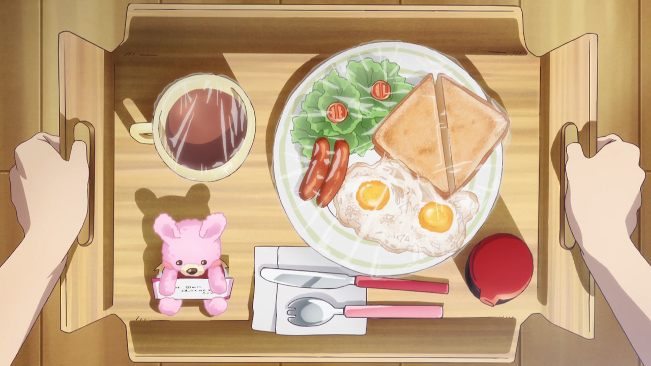 Itadakimasu Anime! - Breakfast of sunny side up eggs, toast, sausages,...