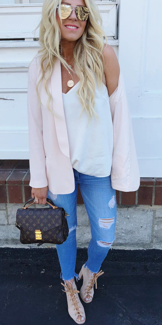 50+ Cozy Outfit Ideas You Need - #Photooftheday, #Outfit, #Happy, #Best, #Top Obsessed with boyfriend fit blazers right now Plus you guys.... how GOOD are these open toed lace up booties Shop my look here OR by following me on the  App  