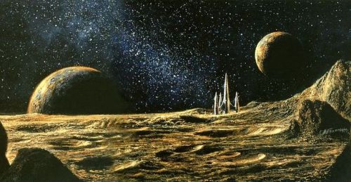 SciFi art Bob Eggleton rocketship planetoid landscape science fiction artwork moons vintage original