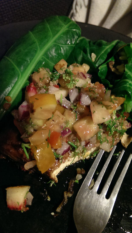Tofu, nectarine salsa, and collard rolls