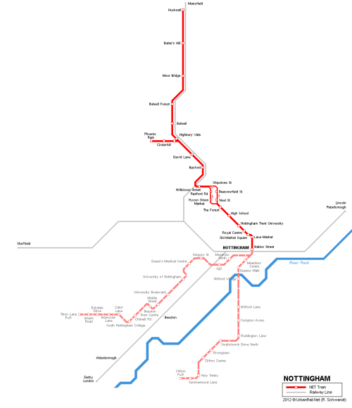 Map of Nottingham tram network, including new... - Maps on the Web