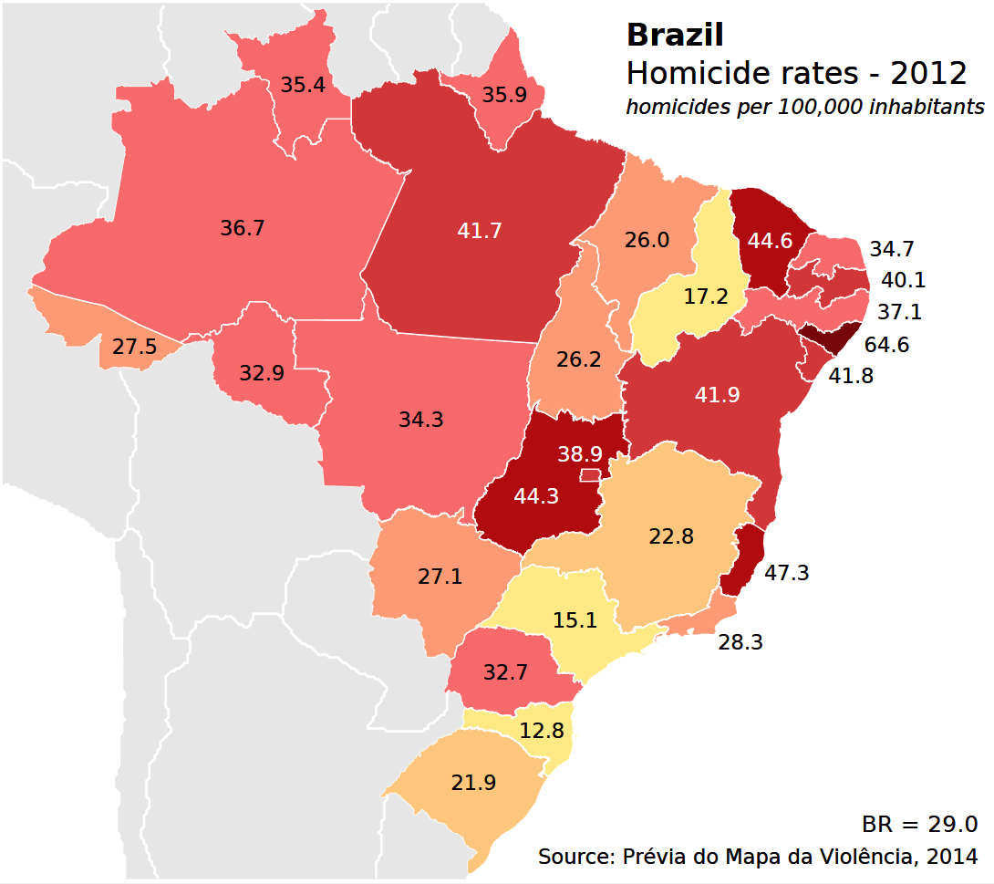 Homicide rates in Brazil per 100,000 inhabitants ...