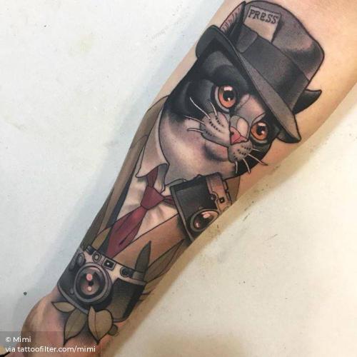 By Mimi, done in Madrid. http://ttoo.co/p/35201 animal;big;cat;facebook;feline;inner forearm;journalism;journalist;mimi;neotraditional;pet;profession;twitter
