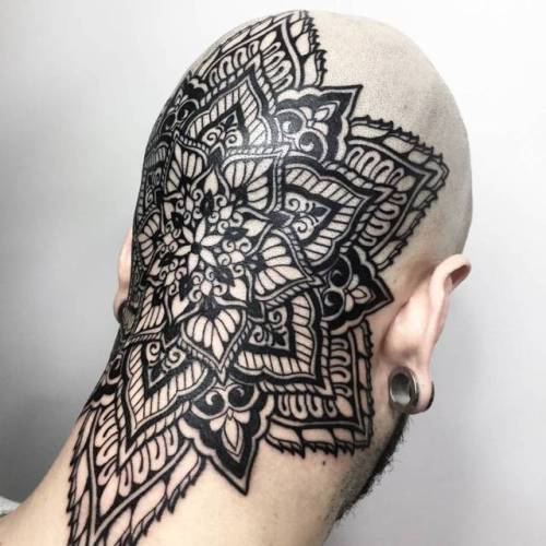 By Melow Pérez, done at Sacrifice Tattoo, Barcelona.... head;melow perez;big;of sacred geometry shapes;mandala;back of neck;facebook;twitter;sacred geometry