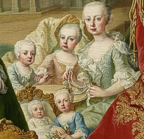 tiny-librarian:
“ Detail of some of the daughters of Maria Theresa and Francis I, taken from a family portrait done in 1755.
On the right holding pearls is Maria Amalia, and next to her in pink is Maria Johanna Gabriela. On the left is Maria Josepha,...