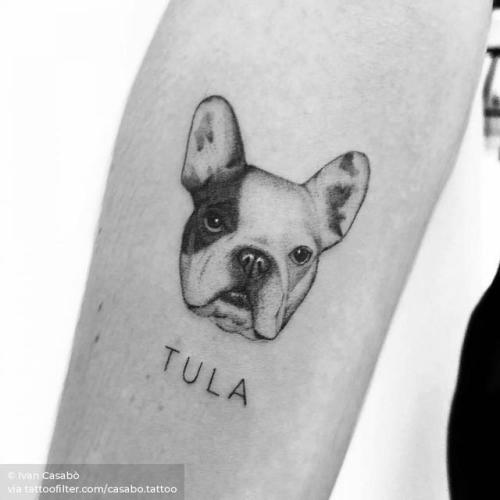 By Ivan Casabò, done at ELIJAH Tattoo & Barbershop,... small;pet;dog;patriotic;single needle;animal;france;tiny;casabo.tattoo;french bulldog;ifttt;little;inner forearm