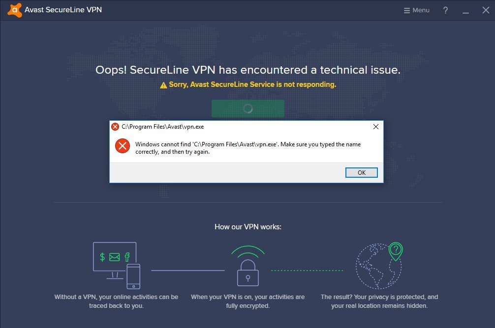 avast secureline vpn error