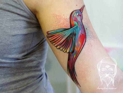 By Richard Santay · Richie Bumpkin, done at Bumpkin Tattoo,... abstract;bicep;richardsantay;animal;bird;facebook;twitter;medium size;hummingbird;illustrative