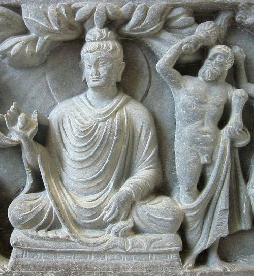 historyfilia:Fragment of a Gandhara panel showing Buddha and...