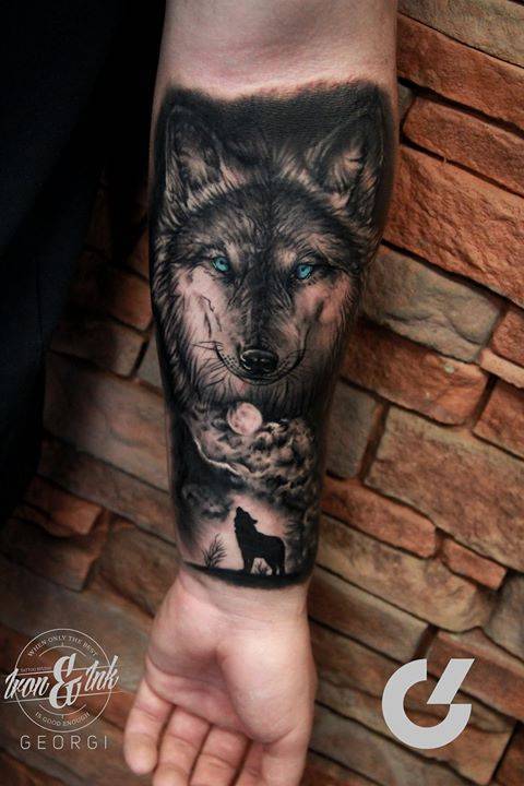 Tattoo tagged with: black and grey, georgikodzhabashev, grey, tatuajes,  black, big, animal, blue, forearm, tatuaje, wolf | inked-app.com