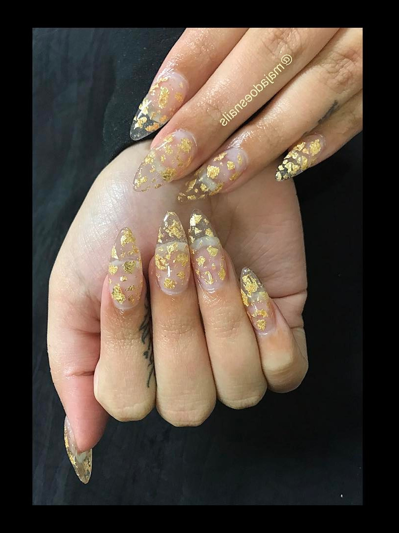 spring nails, square nails, la nails, zoya nail polish, healthy nails Gold Flakes on Almond Nails | Sculptured/Sculpted Nails  , clearnails , glassnails , goldfoil , goldflakes , goldnaildesign , almondnails , sculpturednails , sculptednails , goldnails 