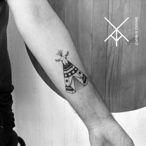 Tattoo tagged with: small, arm, black, tiny, tipi, native american, little, adria de yzaguirre, blackwork, forearm, medium size, illustrative