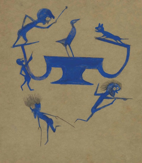 Bill Traylor 1853-1949 William Bill Traylor Exciting Event in Blue Construction Outsider artists Outsider art Insider art Insider artists magic transistor magictransistor tempera and graphite on card Blue Wild Men Blue Men Blue Bird House Exciting event blue art