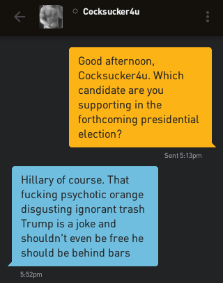 Me: Good afternoon, Cocksucker4u. Which candidate are you supporting in the forthcoming presidential election? Cocksucker4u: Hillary of course. That fucking psychotic orange disgusting ignorant trash Trump is a joke and shouldn't even be free he should be behind bars