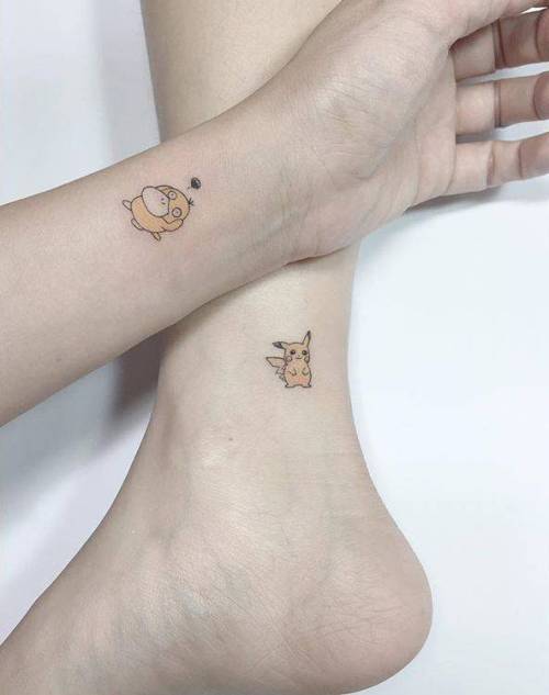 By Diki · Playground, done at Playground Tattoo, Seoul.... pokemon characters;small;best friend;matching;micro;pikachu;ankle;ifttt;little;wrist;video game;tiny;game;pokemon;psyduck;matching tattoos for best friends;cartoon character;fictional character;playground;love;cartoon