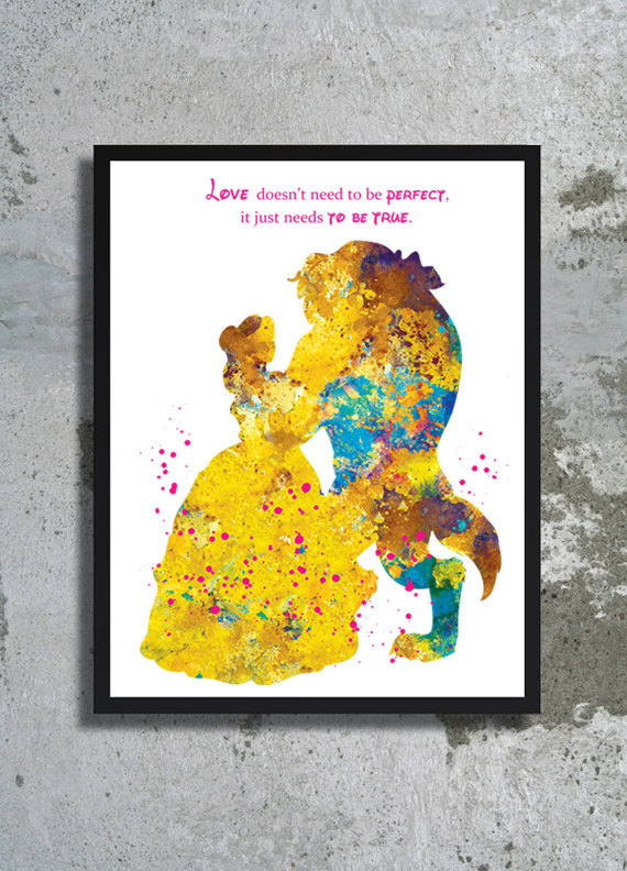 ART PRINT Beauty and the Beast Quote Princess Disney Gift Love Watercolour Decor