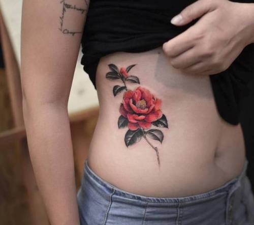 By Tattooist Grain, done in Seoul. http://ttoo.co/p/154040 flower;small;hip;tiny;ifttt;little;tattooistgrain;nature;camellia;medium size;illustrative