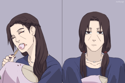 surfacage:itp: shisui really really likes itachi’s hair(also...