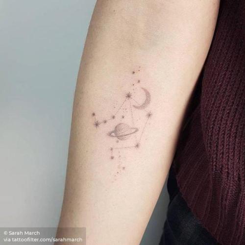 By Sarah March, done at South City Market, London.... small;astronomy;tiny;sarahmarch;constellation;hand poked;ifttt;little;libra constellation;inner forearm