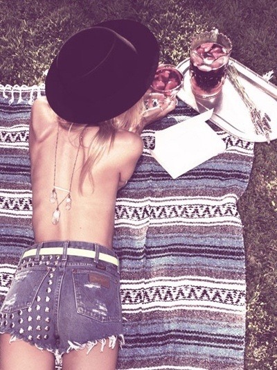 hippie festival high waisted shorts wide brim hat aztec grass nature picnic