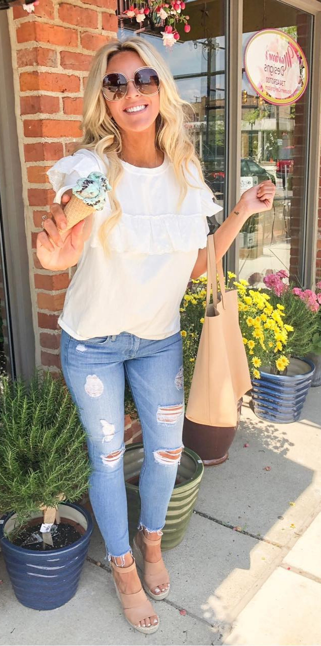 50+ Cozy Outfit Ideas You Need - #Fashion, #Outfit, #Photo, #Fashionistas, #Top I scream you scream we all scream for ice cream LOVE this little eyelet lace white tee It has the perfect little twist on a good white tee plus .. itless than $35.00 I also linked the rest of my look here for yatoo!!! Shop it all by following me on the FREE  App OR screenshot this pic to be sent a Liketoknowit email:  