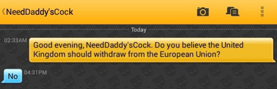 Me: Good evening, NeedDaddy'sCock. Do you believe the United Kingdom should withdraw from the European Union?
NeedDaddy'sCock: No