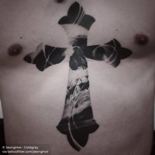 By JeongHwi · Coldgray, done at Cold Gray Tattoo, Seoul.... healed;black and grey;double exposure;anatomy;human skull;christian;big;contemporary;jeonghwi;sternum;facebook;twitter;experimental;christian cross;religious;other;skull