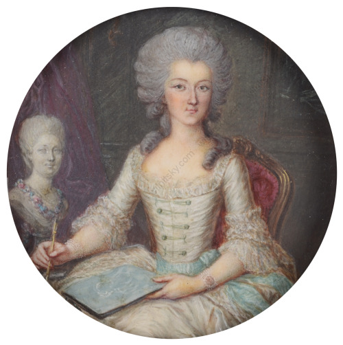 tiny-librarian:
“ A miniature of Madame Elisabeth. She sits next to a bust of her mother, Maria Josepha of Saxony, and is sketching the bust on the papers in her lap.
”