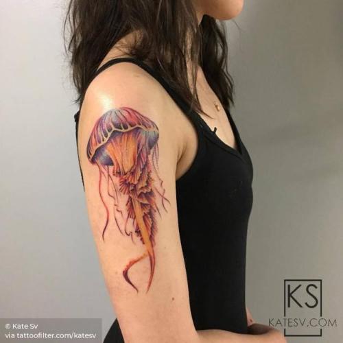 By Kate Sv, done at Dot. Creative Group, Manhattan.... big;animal;jellyfish;watercolor;facebook;nature;twitter;katesv;ocean;upper arm