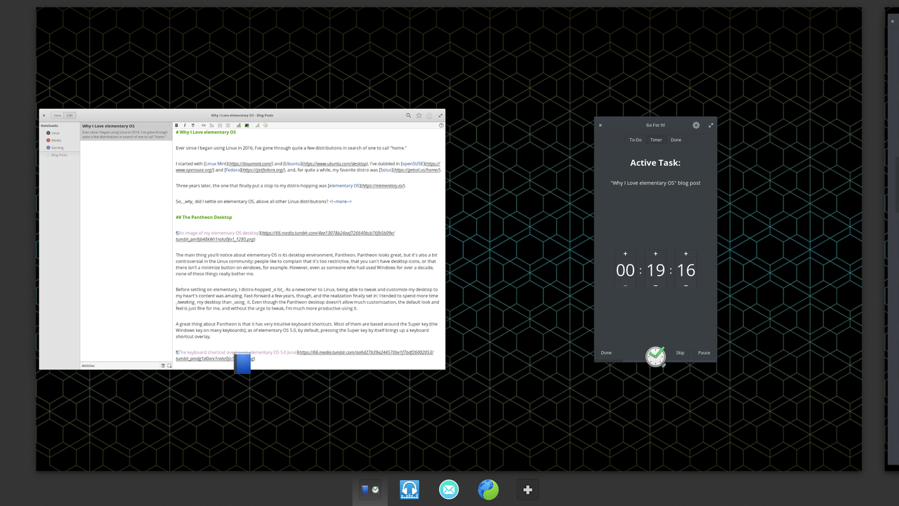 Pantheon's Multitasking View; two windows are side-by-side (_Notes-Up_ and _Go For It!_), with a preview of 3 other workspaces at the bottom