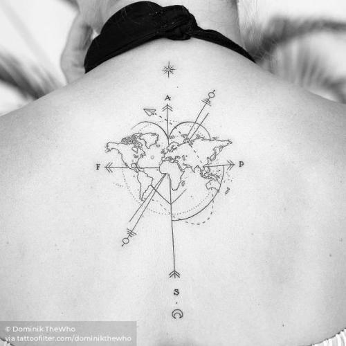 By Dominik TheWho, done in Berlin. http://ttoo.co/p/211593 small;nautical;line art;tiny;world map;travel;compass rose;map;ifttt;little;dominikthewho;upper back;medium size;fine line
