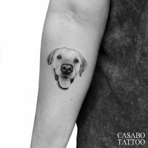 By Ivan Casabò, done at Ganga Tattoo, Murcia.... small;pet;dog;single needle;labrador;animal;tiny;casabo.tattoo;ifttt;little;portrait;inner forearm