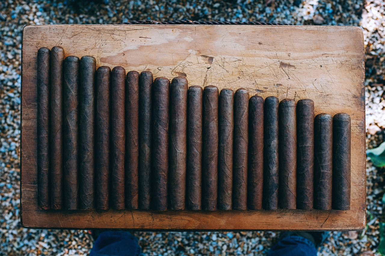 Twenty cigars in ten vitolas, left to right: lancero, Churchill, Lonsdale, panatela, toro, corona gorda, corona, petit corona, robusto, petit Edmundo.